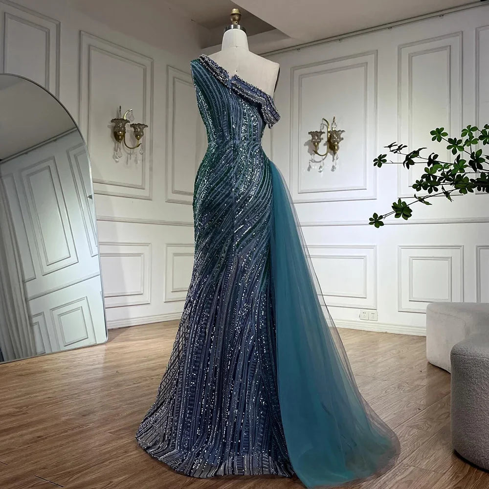 Luxury Dubai Arabic One-Shoulder High Split Blue Mermaid Gown Luxury Beaded Saudi Evening Dress for Formal Occasion LA72718