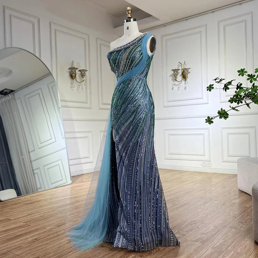 Luxury Dubai Arabic One-Shoulder High Split Blue Mermaid Gown Luxury Beaded Saudi Evening Dress for Formal Occasion LA72718