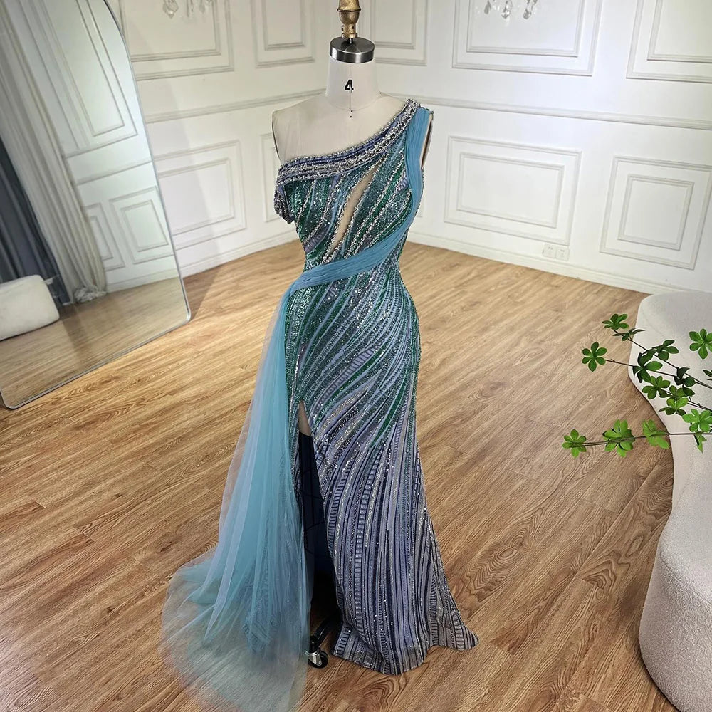 Luxury Dubai Arabic One-Shoulder High Split Blue Mermaid Gown Luxury Beaded Saudi Evening Dress for Formal Occasion LA72718