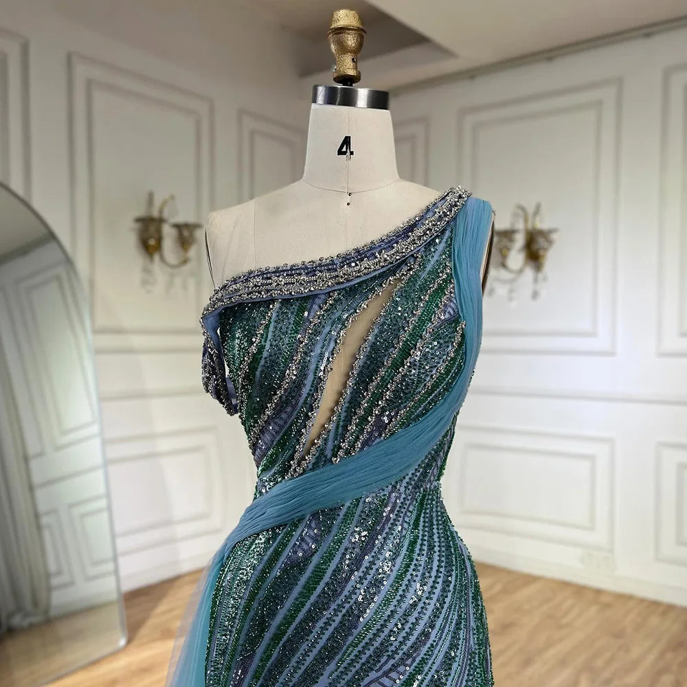Luxury Dubai Arabic One-Shoulder High Split Blue Mermaid Gown Luxury Beaded Saudi Evening Dress for Formal Occasion LA72718
