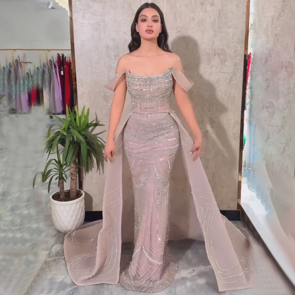 Luxury Pink Mermaid Beaded Evening Gown with Detachable Satin Overskirt LA72781