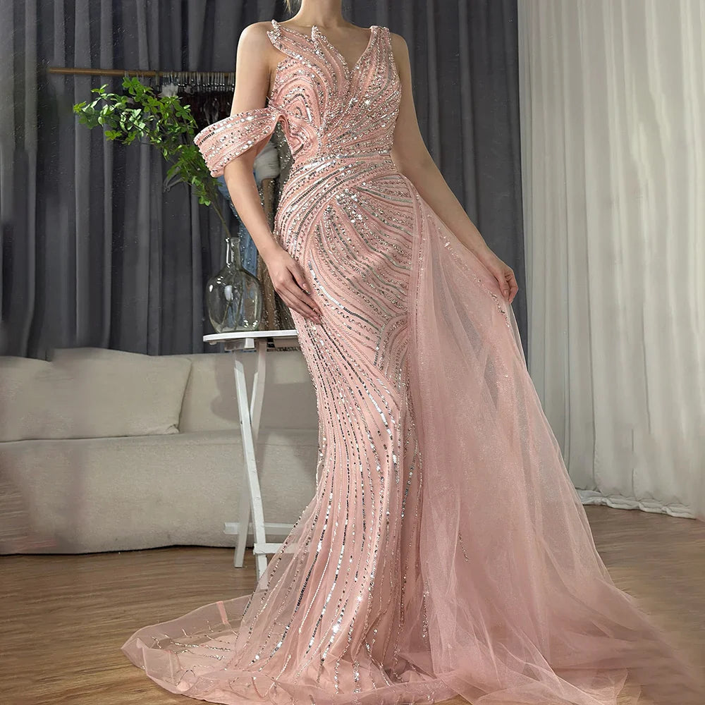 Luxury Dubai Arabic Pink Mermaid Elegant One Shoulder Beaded Long Evening Dresses Gowns for Formal Occasion LA72662A