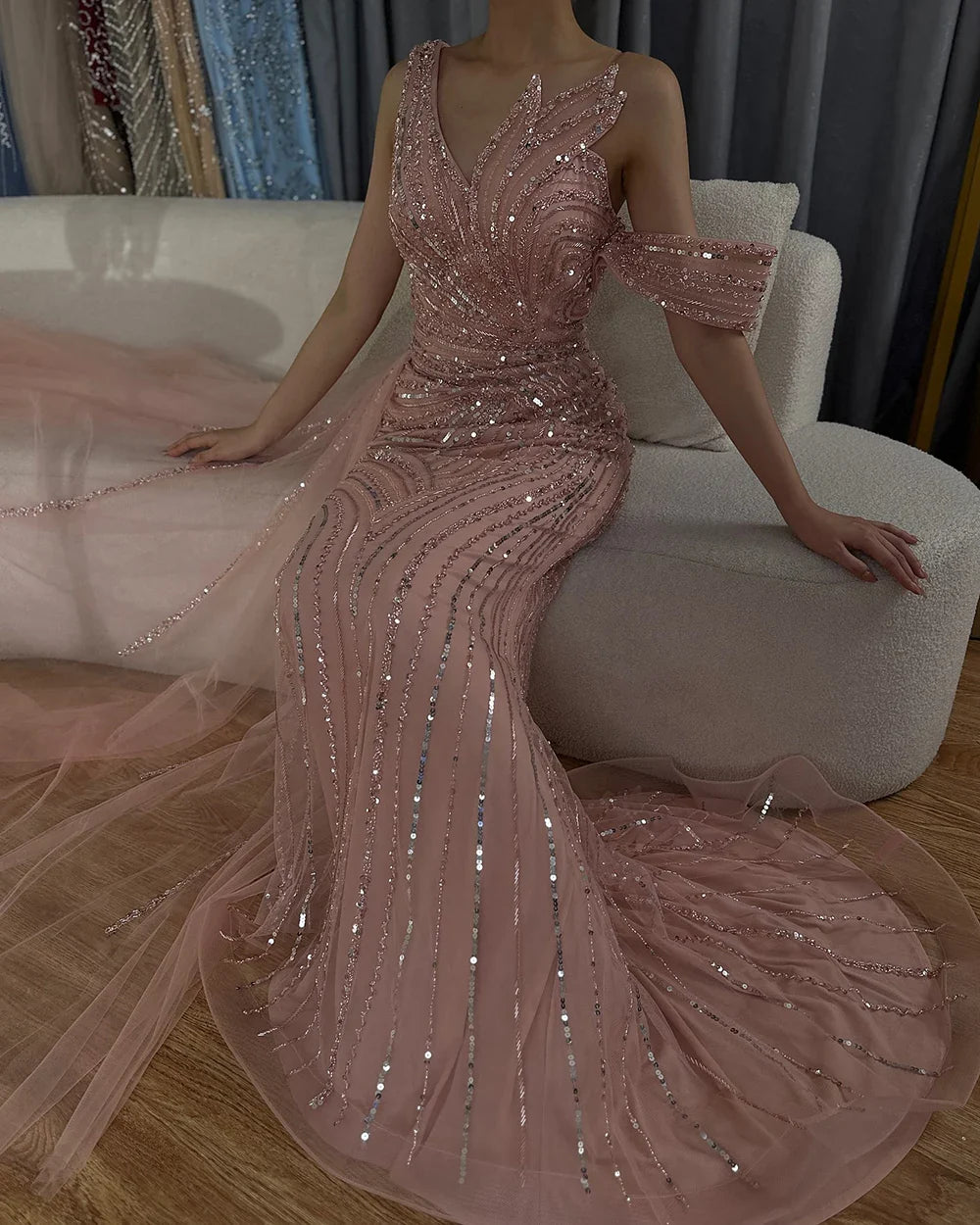 Luxury Dubai Arabic Pink Mermaid Elegant One Shoulder Beaded Long Evening Dresses Gowns for Formal Occasion LA72662A