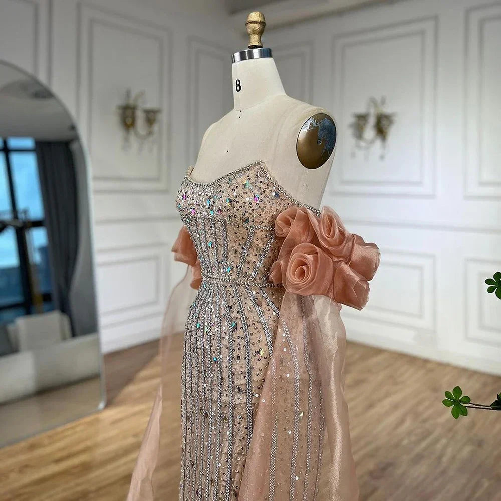 Luxury Pink Beaded Mermaid Evening Dress with Puff Sleeves LA72569