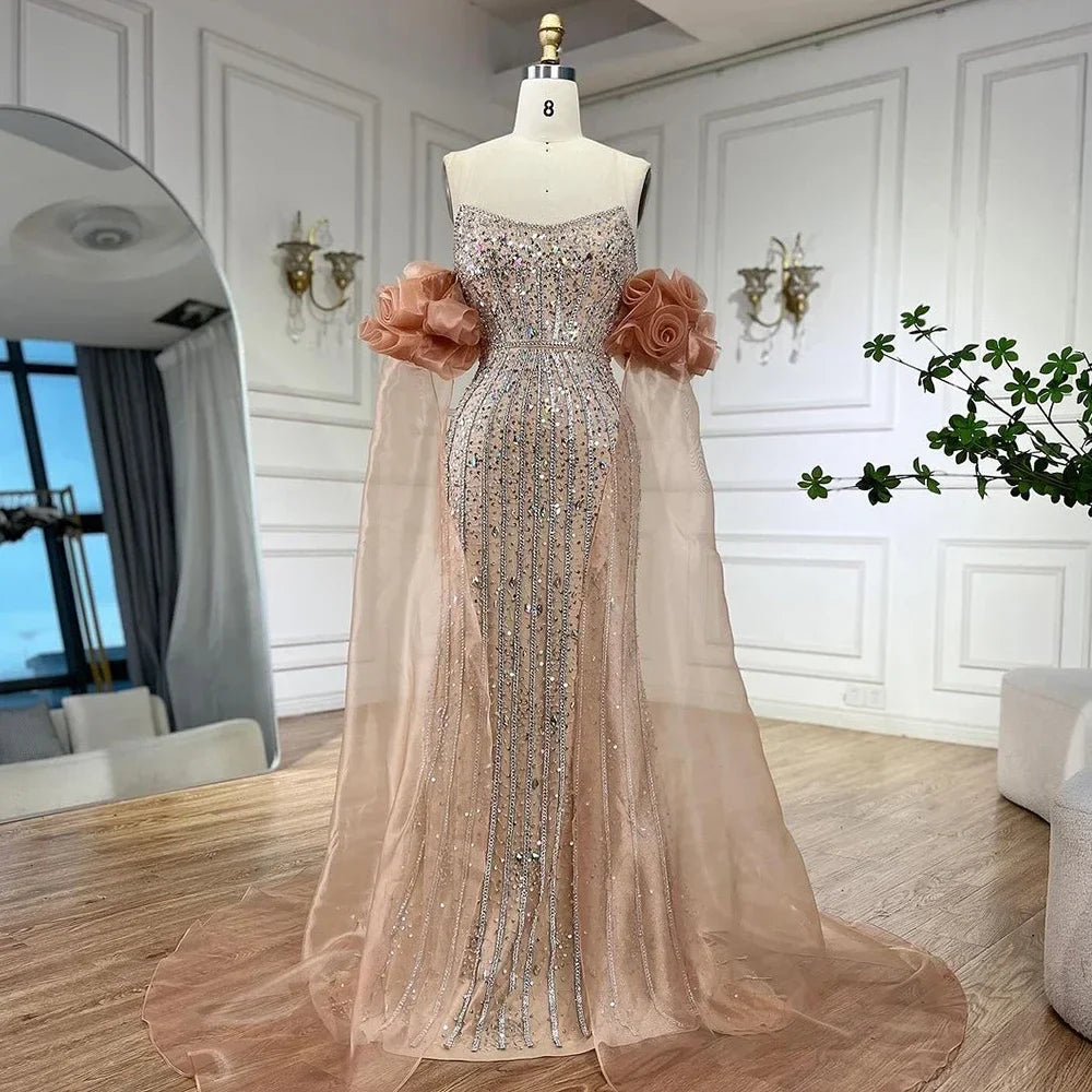 Luxury Pink Beaded Mermaid Evening Dress with Puff Sleeves LA72569
