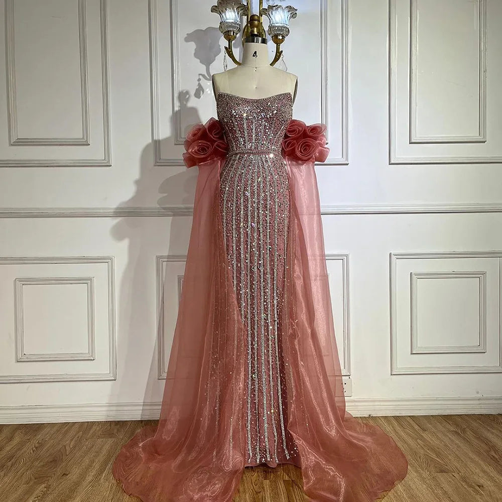 Luxury Pink Beaded Mermaid Evening Dress with Puff Sleeves LA72569