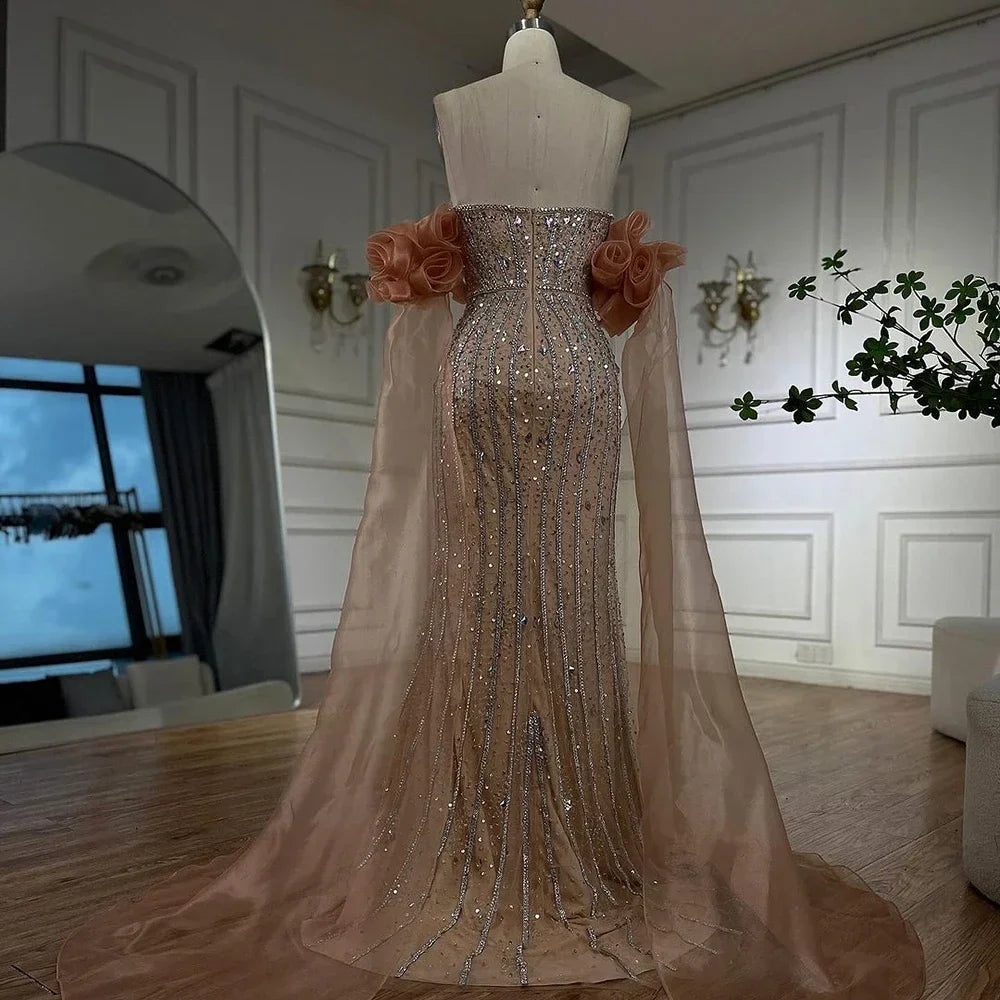 Luxury Pink Beaded Mermaid Evening Dress with Puff Sleeves LA72569