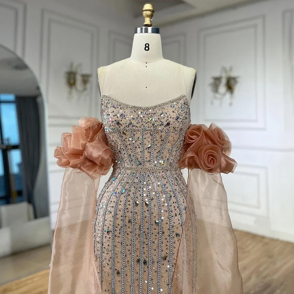 Luxury Pink Beaded Mermaid Evening Dress with Puff Sleeves LA72569