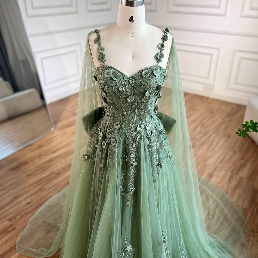 Serene Hill 2025 Arabic Sage Green Spaghetti Strap Lace-Up Bow A-Line Appliques Prom Dress for Women Wedding Party LA72642