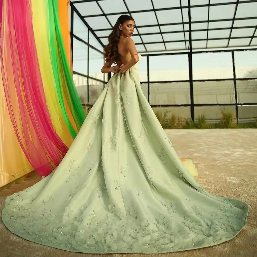 Luxury Dubai Arabic Sage Green Satin A Line Luxury Crystal Appliques Evening Gown for Formal Occasion LA72724