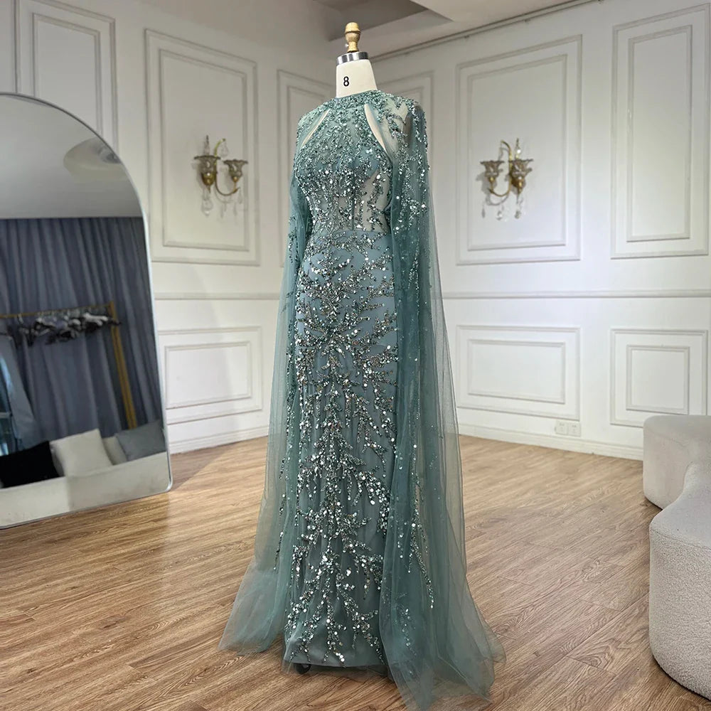 Serene Hill 2025 Arabic Turquoise Cape Sleeve Mermaid Beaded Luxury Dubai Evening Dresses Gowns For Women Wedding Party LA72652