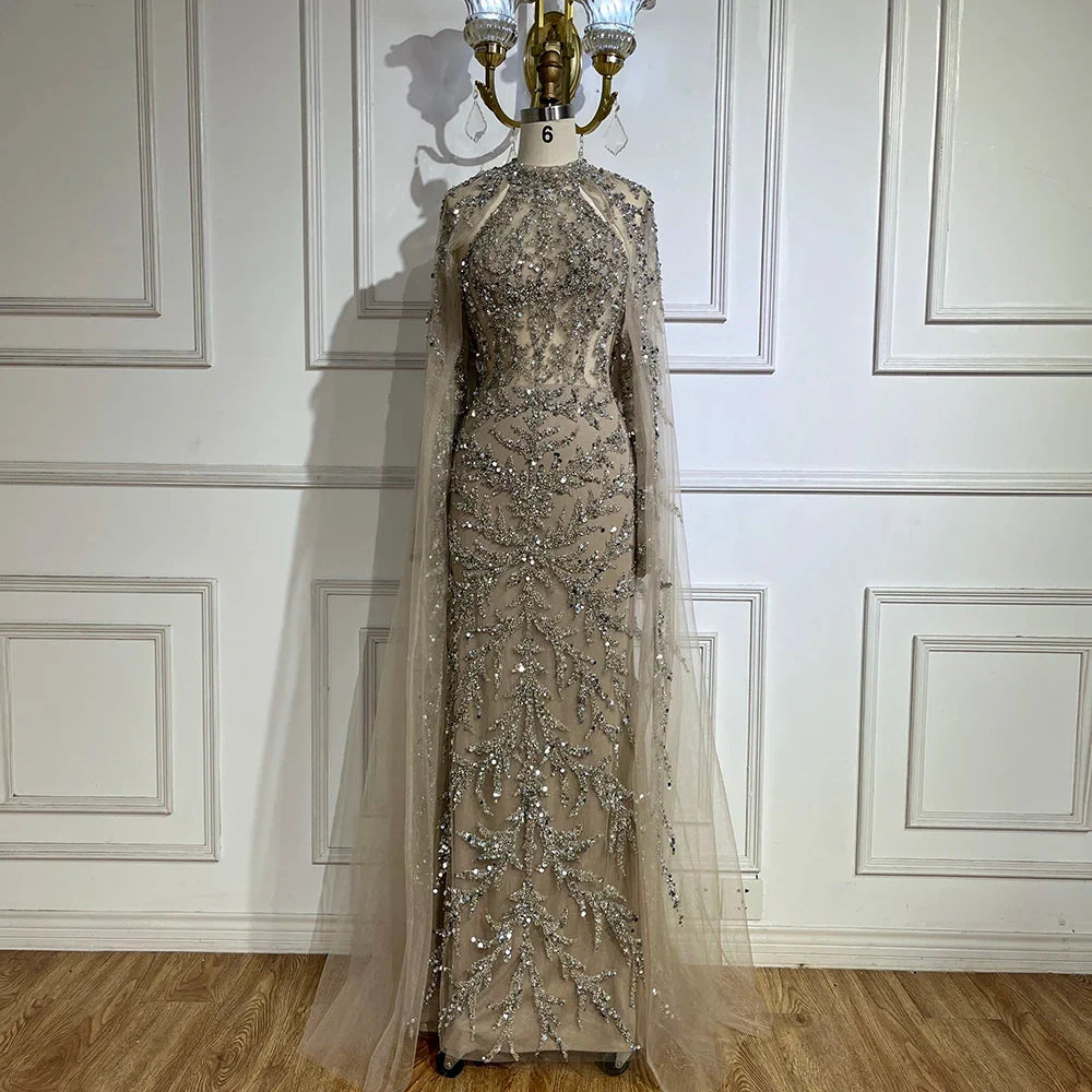 Serene Hill 2025 Arabic Turquoise Cape Sleeve Mermaid Beaded Luxury Dubai Evening Dresses Gowns For Women Wedding Party LA72652