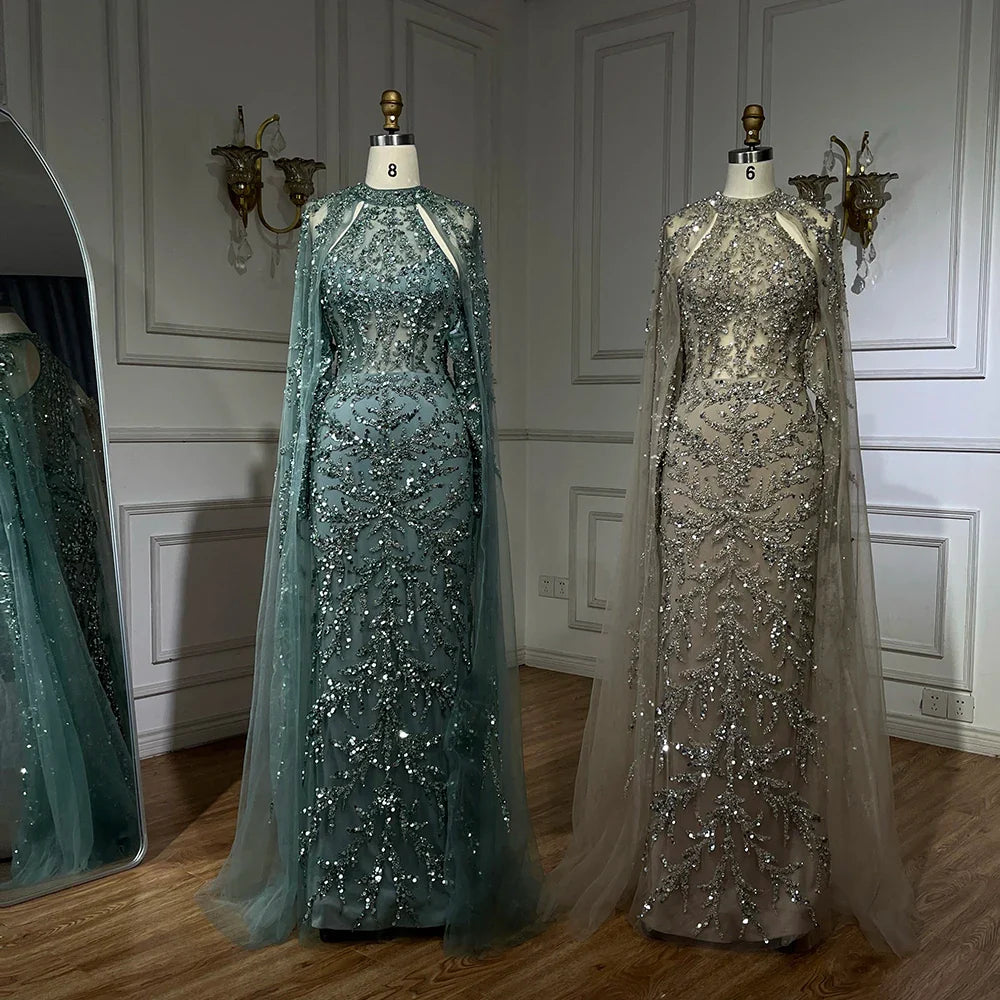 Serene Hill 2025 Arabic Turquoise Cape Sleeve Mermaid Beaded Luxury Dubai Evening Dresses Gowns For Women Wedding Party LA72652