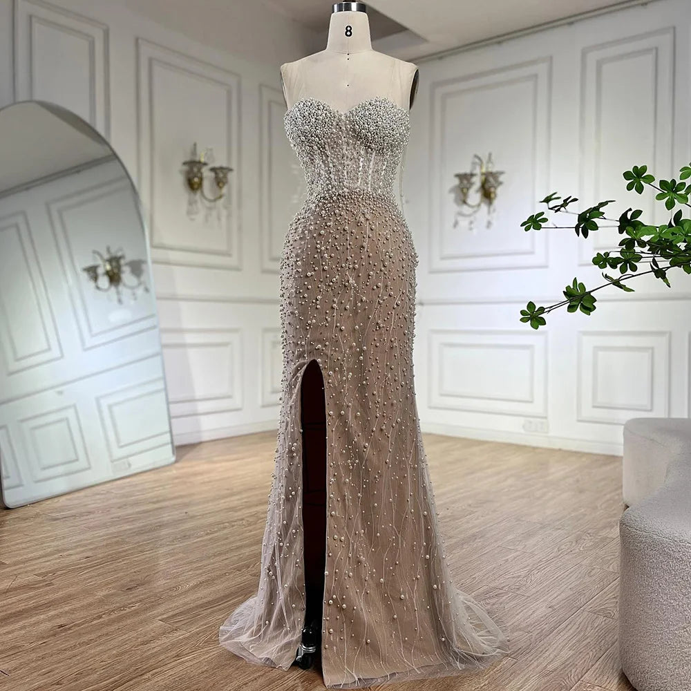 Serene Hill Arabic White Nude Mermaid Gown Pearls Beading High Split Luxury Dubai Evening Dress for Women's Party LA72544