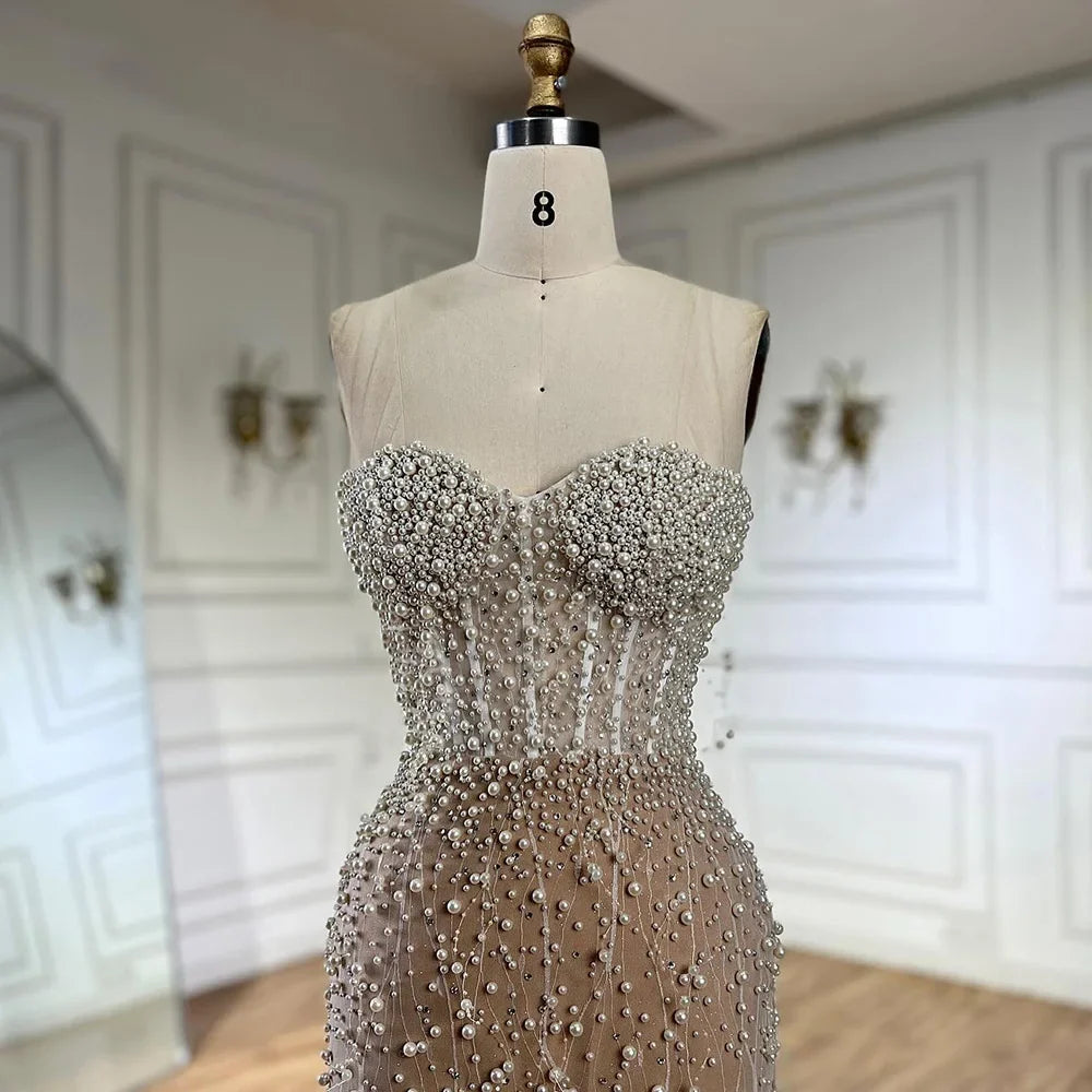 Serene Hill Arabic White Nude Mermaid Gown Pearls Beading High Split Luxury Dubai Evening Dress for Women's Party LA72544
