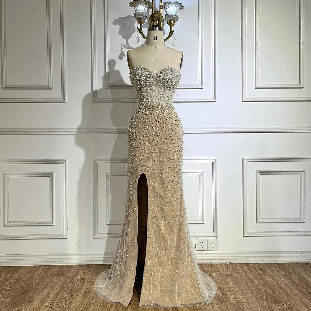 Serene Hill Arabic White Nude Mermaid Gown Pearls Beading High Split Luxury Dubai Evening Dress for Women's Party LA72544