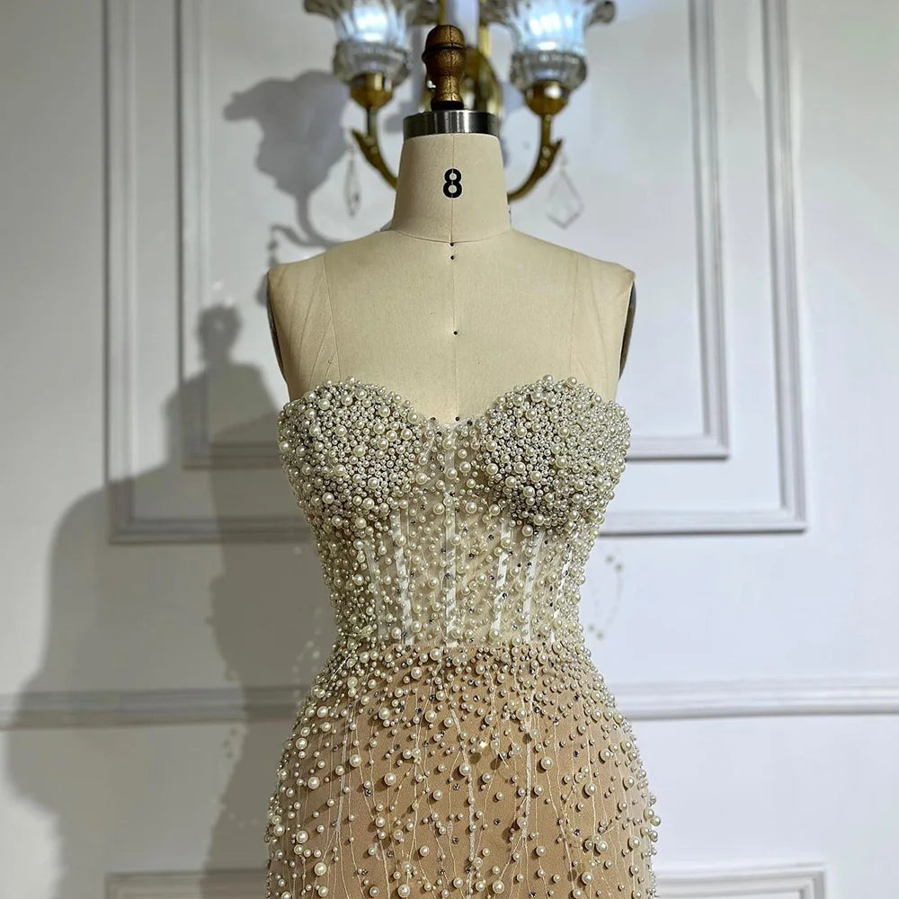 Serene Hill Arabic White Nude Mermaid Gown Pearls Beading High Split Luxury Dubai Evening Dress for Women's Party LA72544