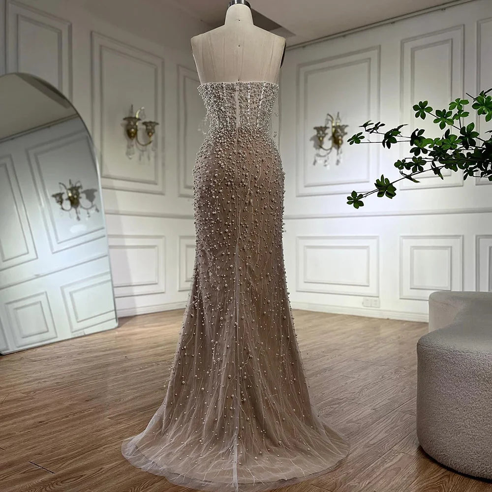 Serene Hill Arabic White Nude Mermaid Gown Pearls Beading High Split Luxury Dubai Evening Dress for Women's Party LA72544