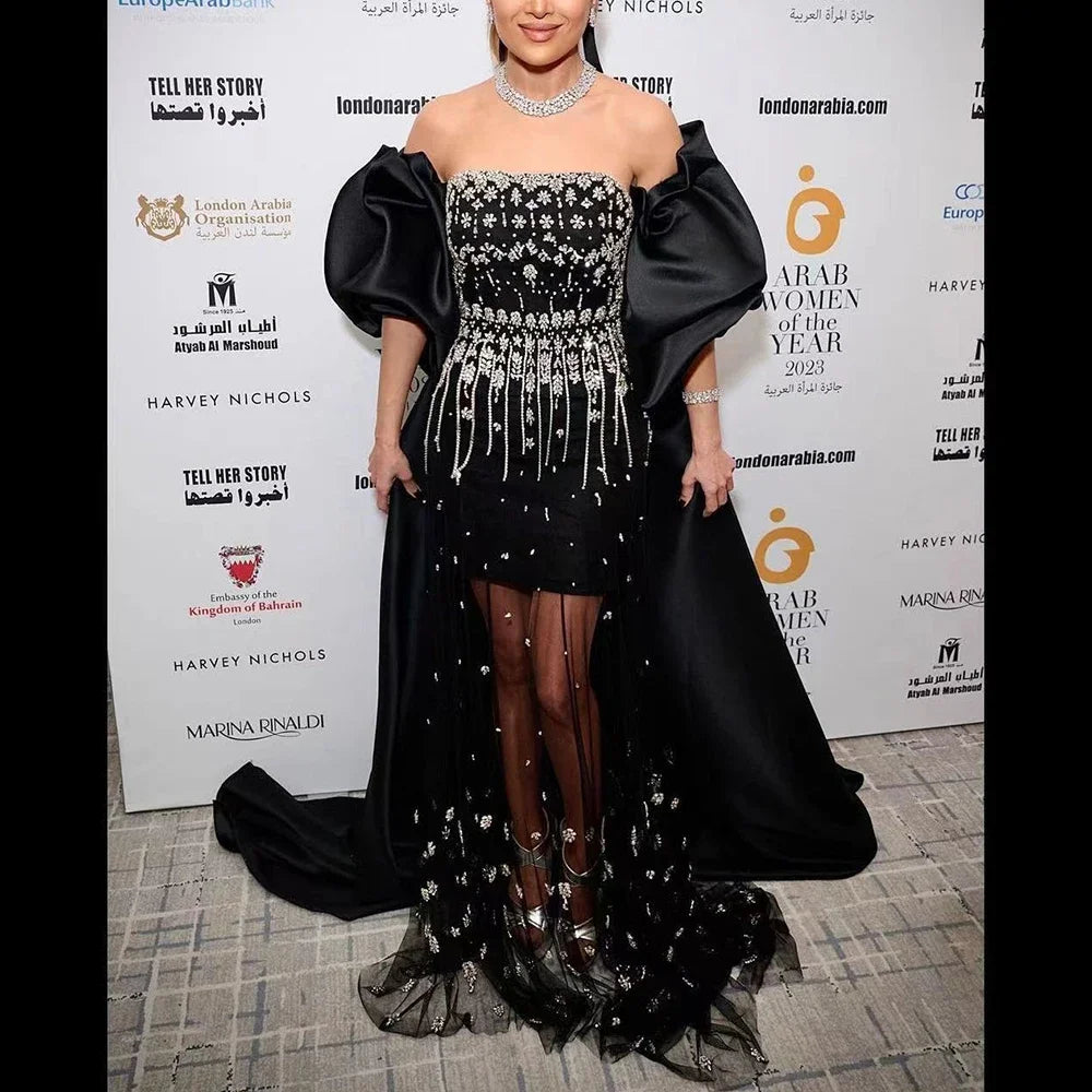 Luxury Beaded Tassel Black Evening Dress with Straps Cape LA72002