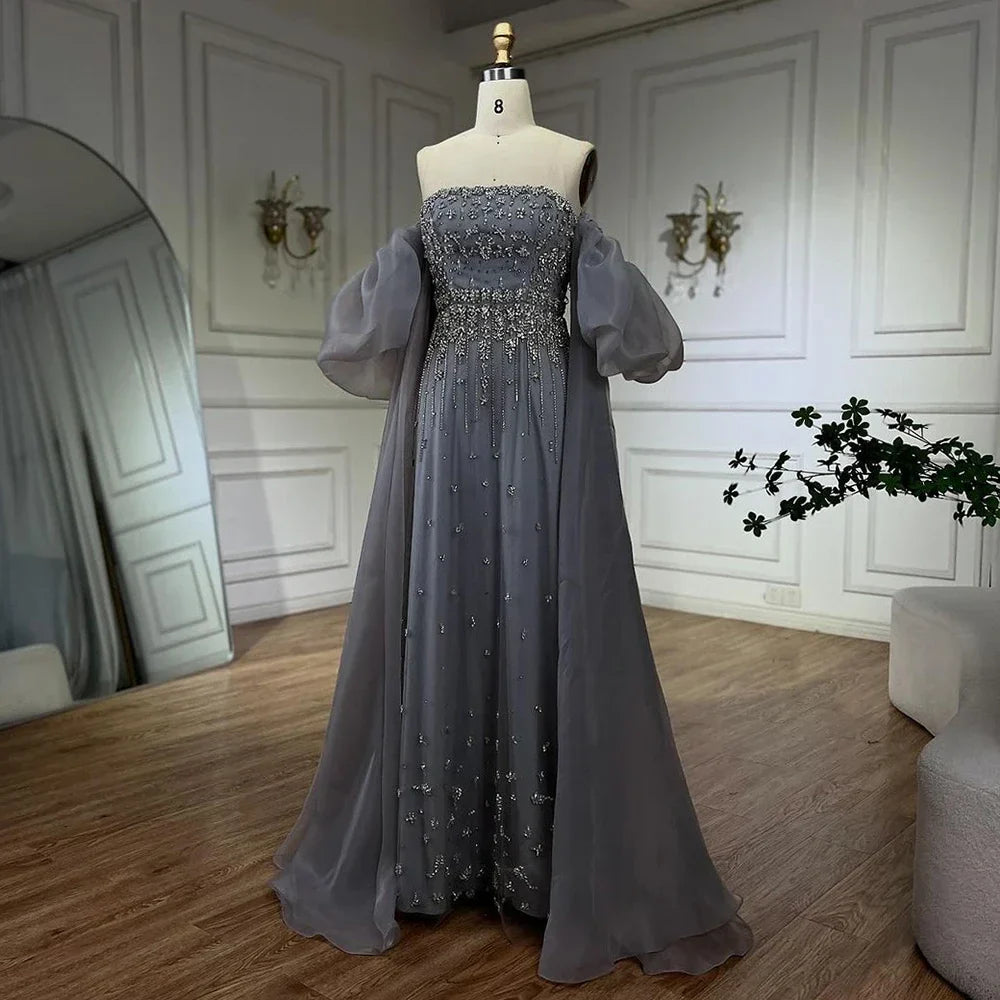 Luxury Beaded Tassel Black Evening Dress with Straps Cape LA72002