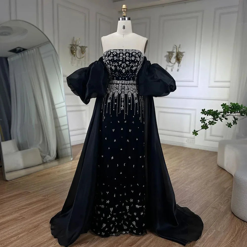Luxury Beaded Tassel Black Evening Dress with Straps Cape LA72002
