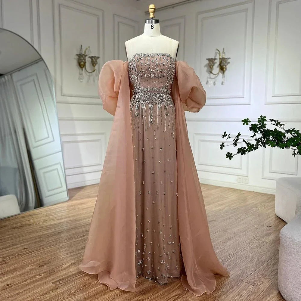 Luxury Beaded Tassel Black Evening Dress with Straps Cape LA72002