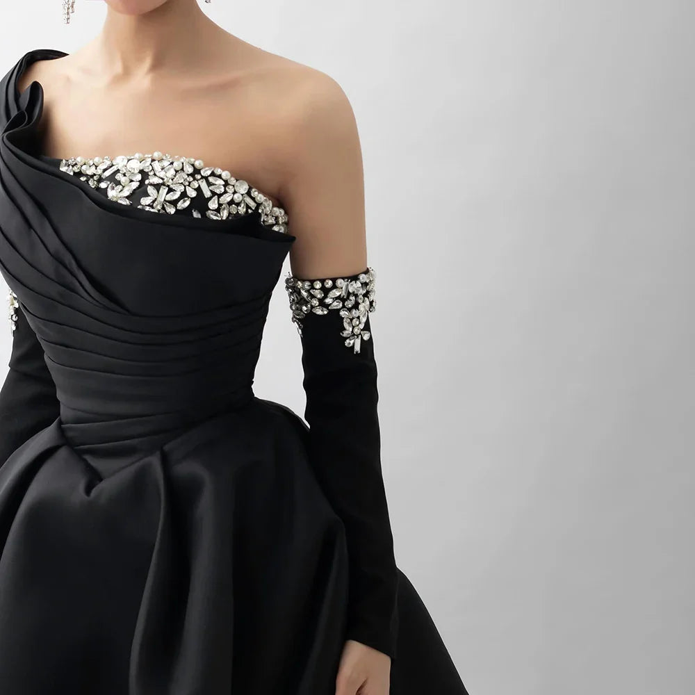 Luxury Black Satin One Shoulder Beaded A-Line Evening Dress LA72741
