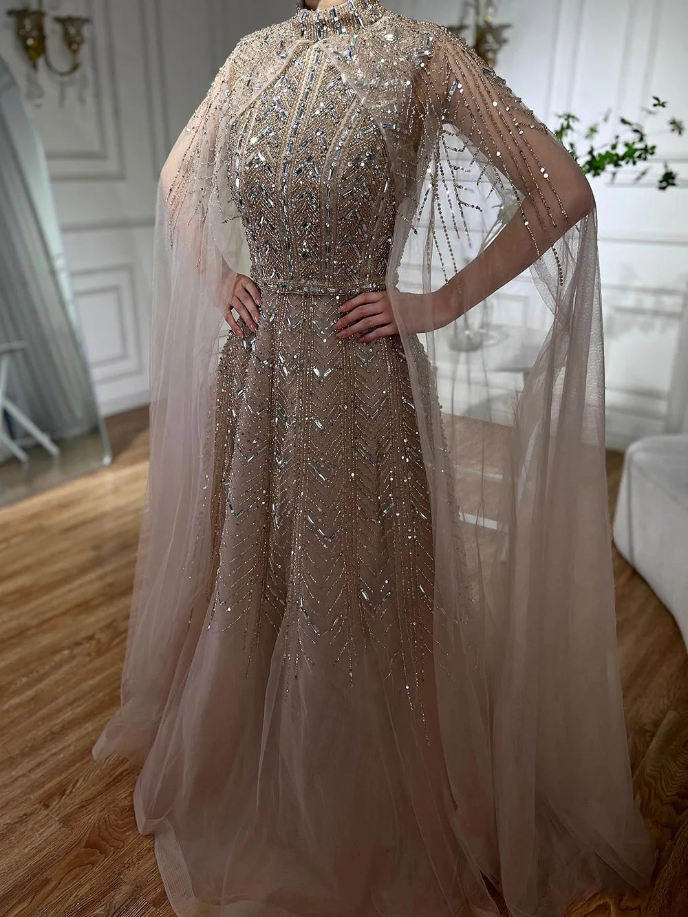 Luxury Beaded Design A-Line Blue Saudi Arabic Evening Dresses Gowns with Cape Sleeves for Formal Occasion LA72728
