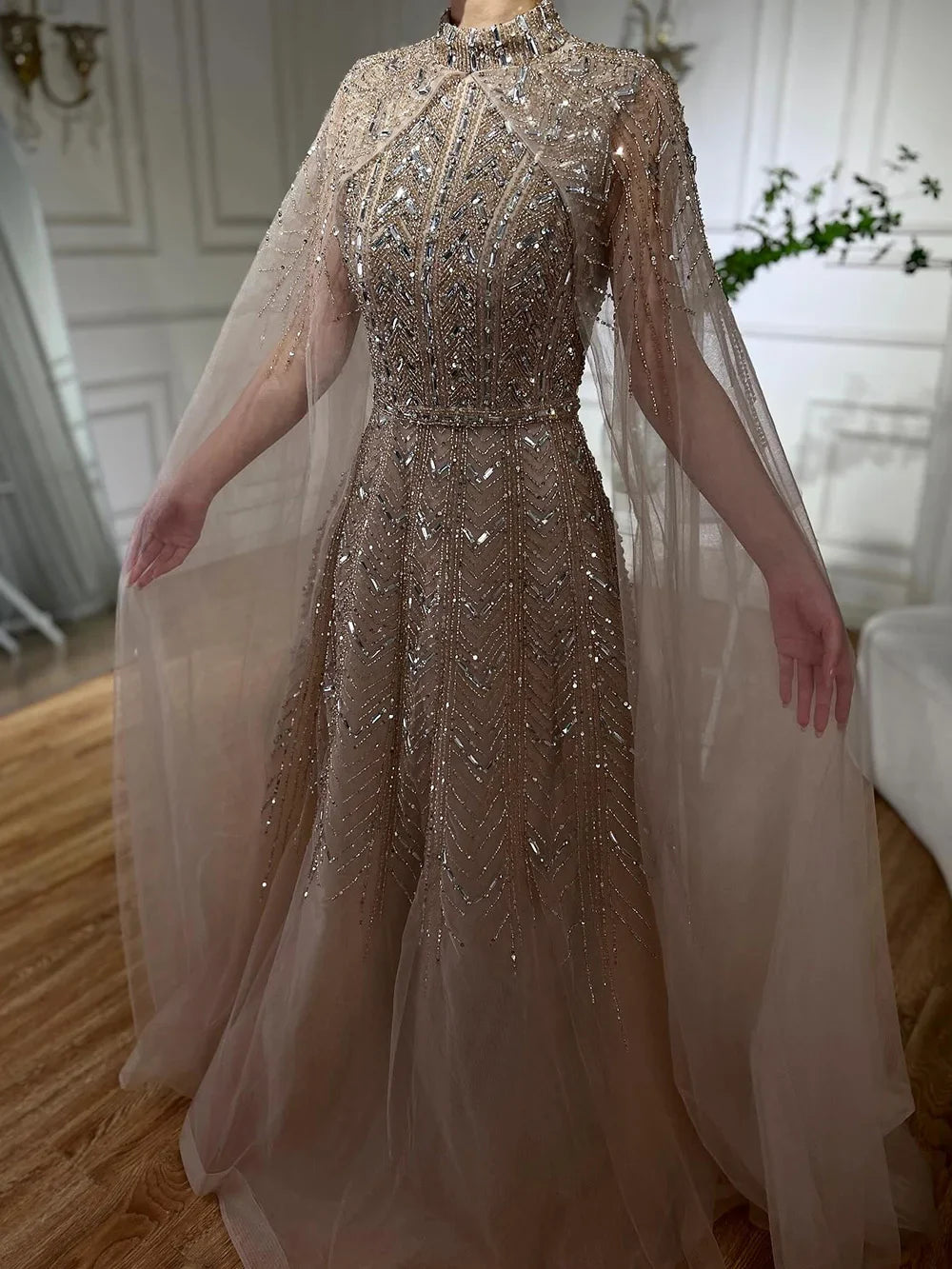 Luxury Beaded Design A-Line Blue Saudi Arabic Evening Dresses Gowns with Cape Sleeves for Formal Occasion LA72728