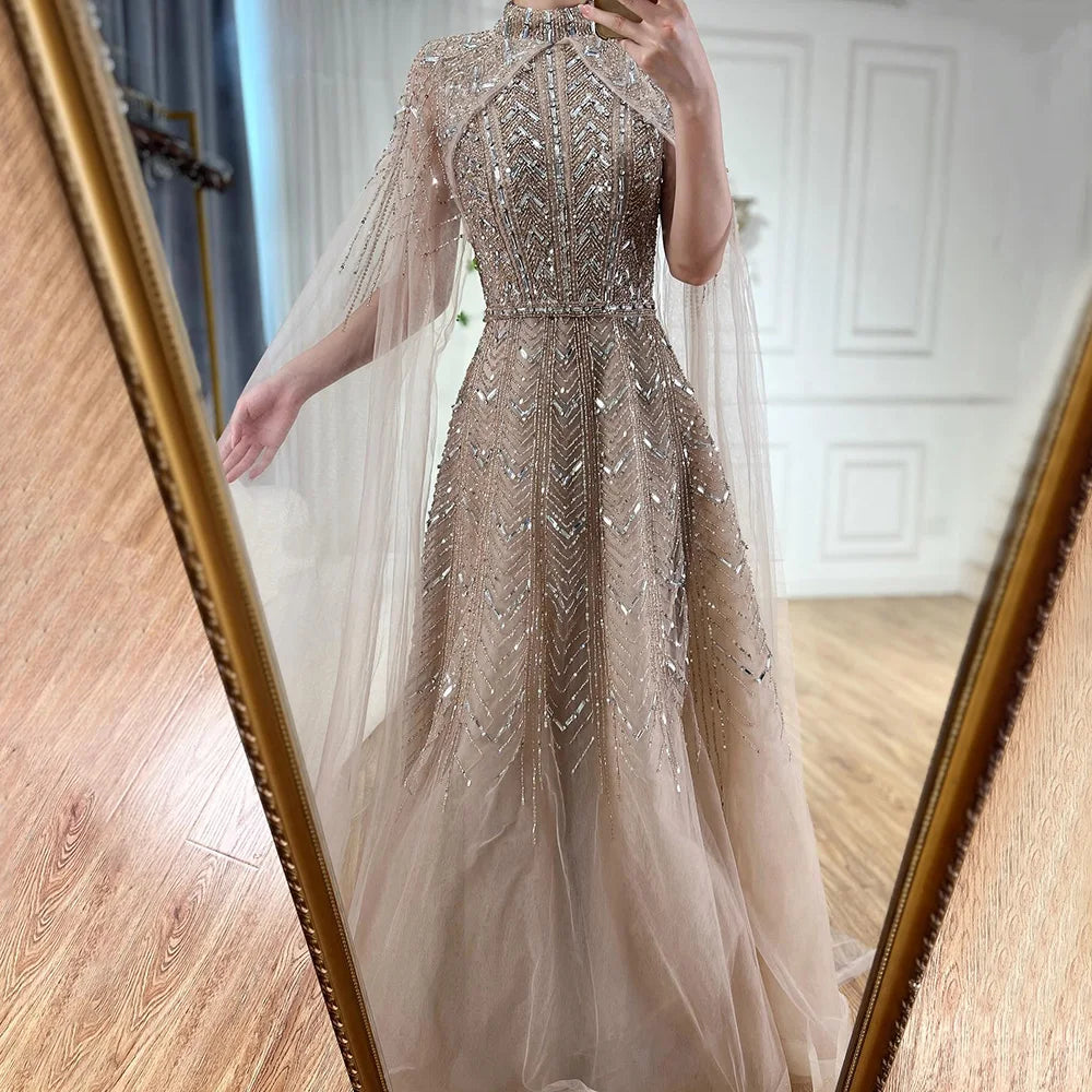 Luxury Beaded Design A-Line Blue Saudi Arabic Evening Dresses Gowns with Cape Sleeves for Formal Occasion LA72728