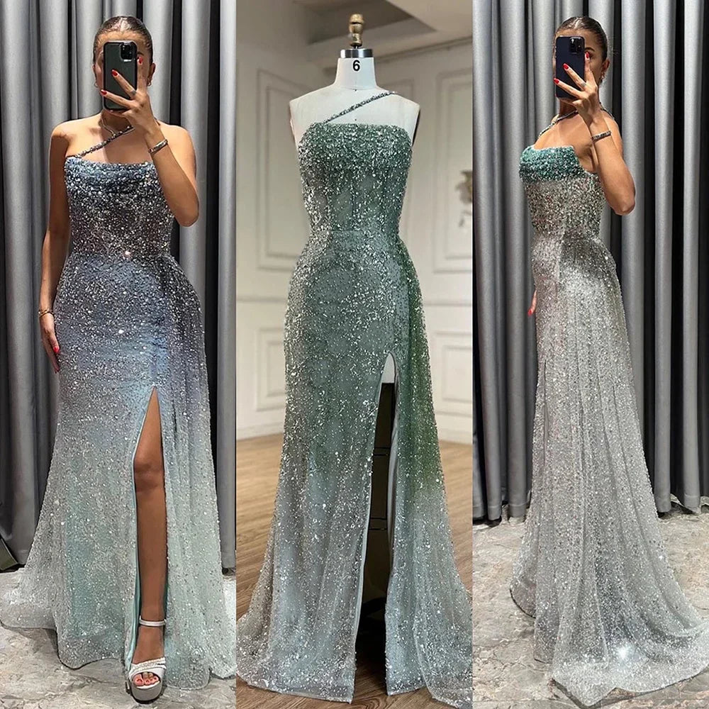 Luxury Blue One Shoulder Evening Dress with Overskirt LA72434