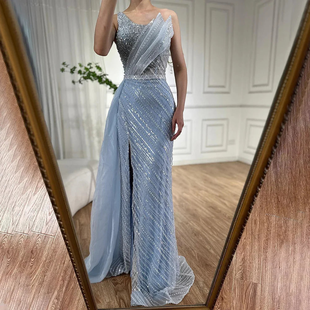 Luxury Dubai Blue One Shoulder Split Saudi Evening Gown with Beaded Side Overskirt Dress for Formal Occasion LA72732