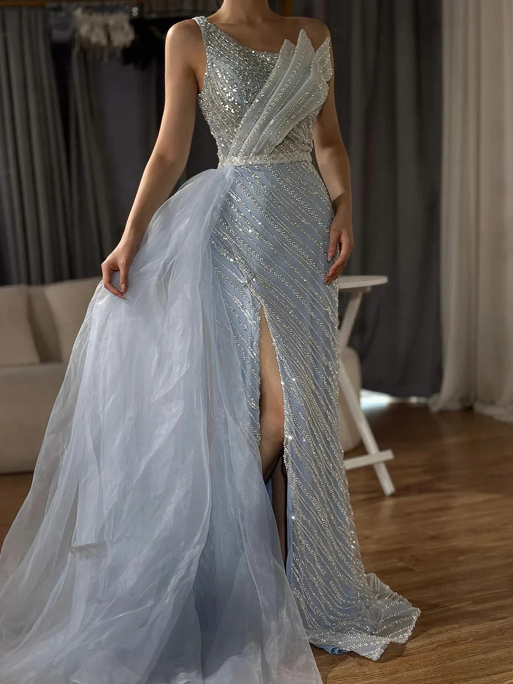 Luxury Dubai Blue One Shoulder Split Saudi Evening Gown with Beaded Side Overskirt Dress for Formal Occasion LA72732