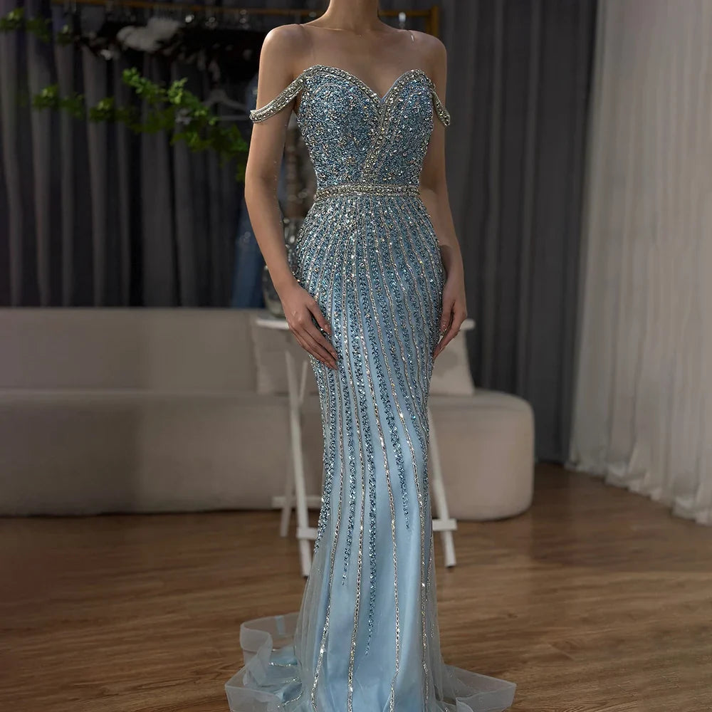 Luxury Dubai Blue Prom Mermaid Gown Beaded Luxury Saudi Evening Dress for Formal Occasion LA72715A