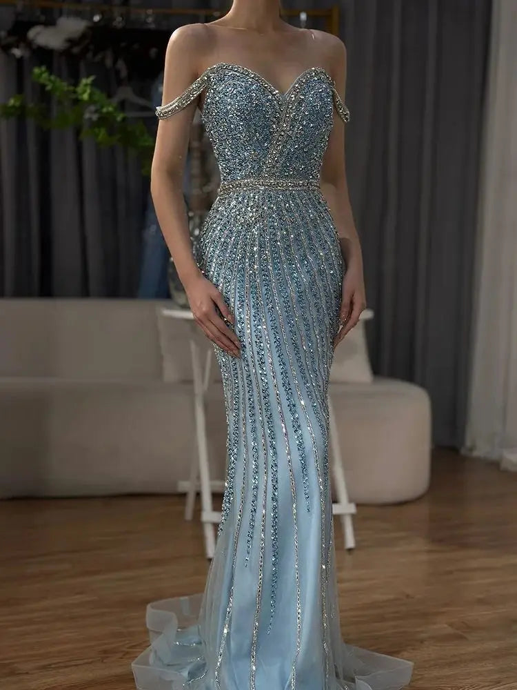 Luxury Dubai Blue Prom Mermaid Gown Beaded Luxury Saudi Evening Dress for Formal Occasion LA72715A