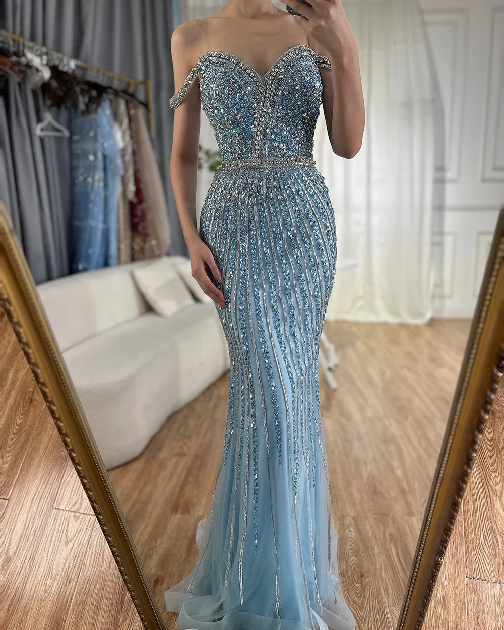 Luxury Dubai Blue Prom Mermaid Gown Beaded Luxury Saudi Evening Dress for Formal Occasion LA72715A