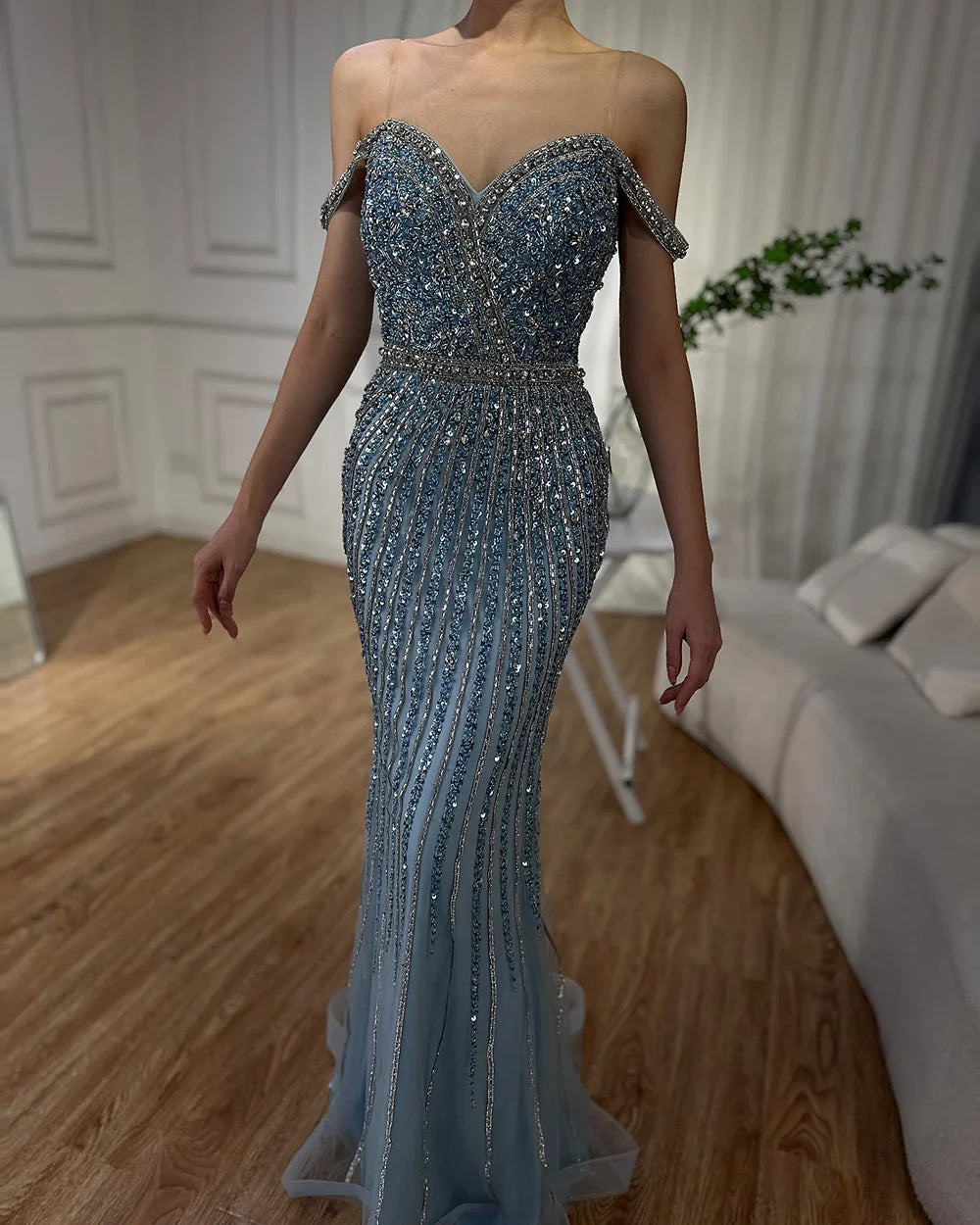 Luxury Dubai Blue Prom Mermaid Gown Beaded Luxury Saudi Evening Dress for Formal Occasion LA72715A