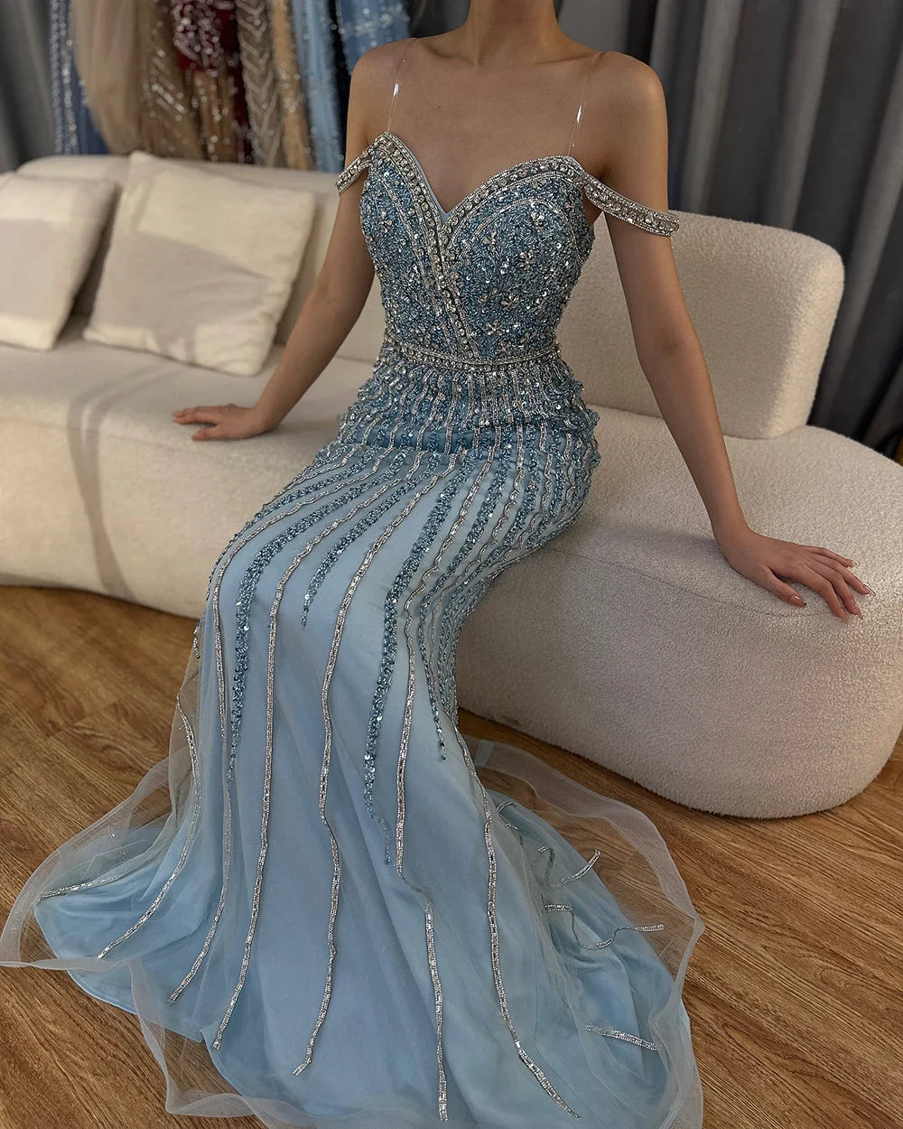 Luxury Dubai Blue Prom Mermaid Gown Beaded Luxury Saudi Evening Dress for Formal Occasion LA72715A