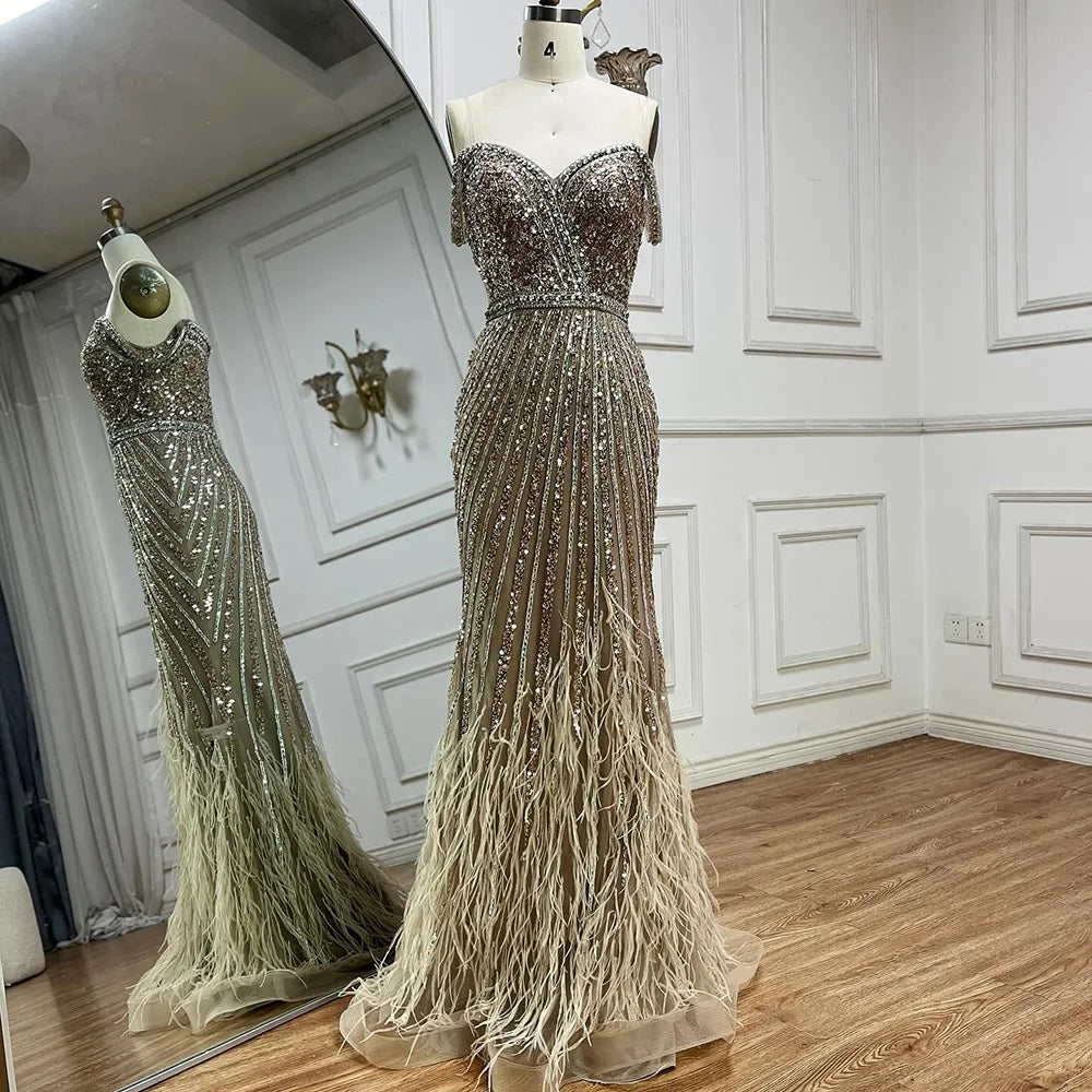 Luxury Dubai Caramel Spaghetti Strap Mermaid Gown Feathers Beaded Luxury Saudi Evening Dress for Formal Occasion LA72715