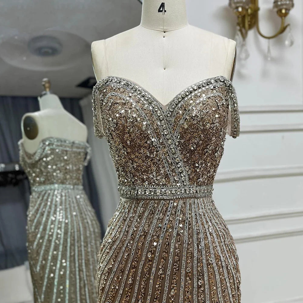 Luxury Dubai Caramel Spaghetti Strap Mermaid Gown Feathers Beaded Luxury Saudi Evening Dress for Formal Occasion LA72715