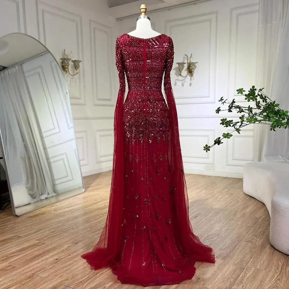 Luxury Wine Red Evening Dress with Cape Sleeves LA72355A