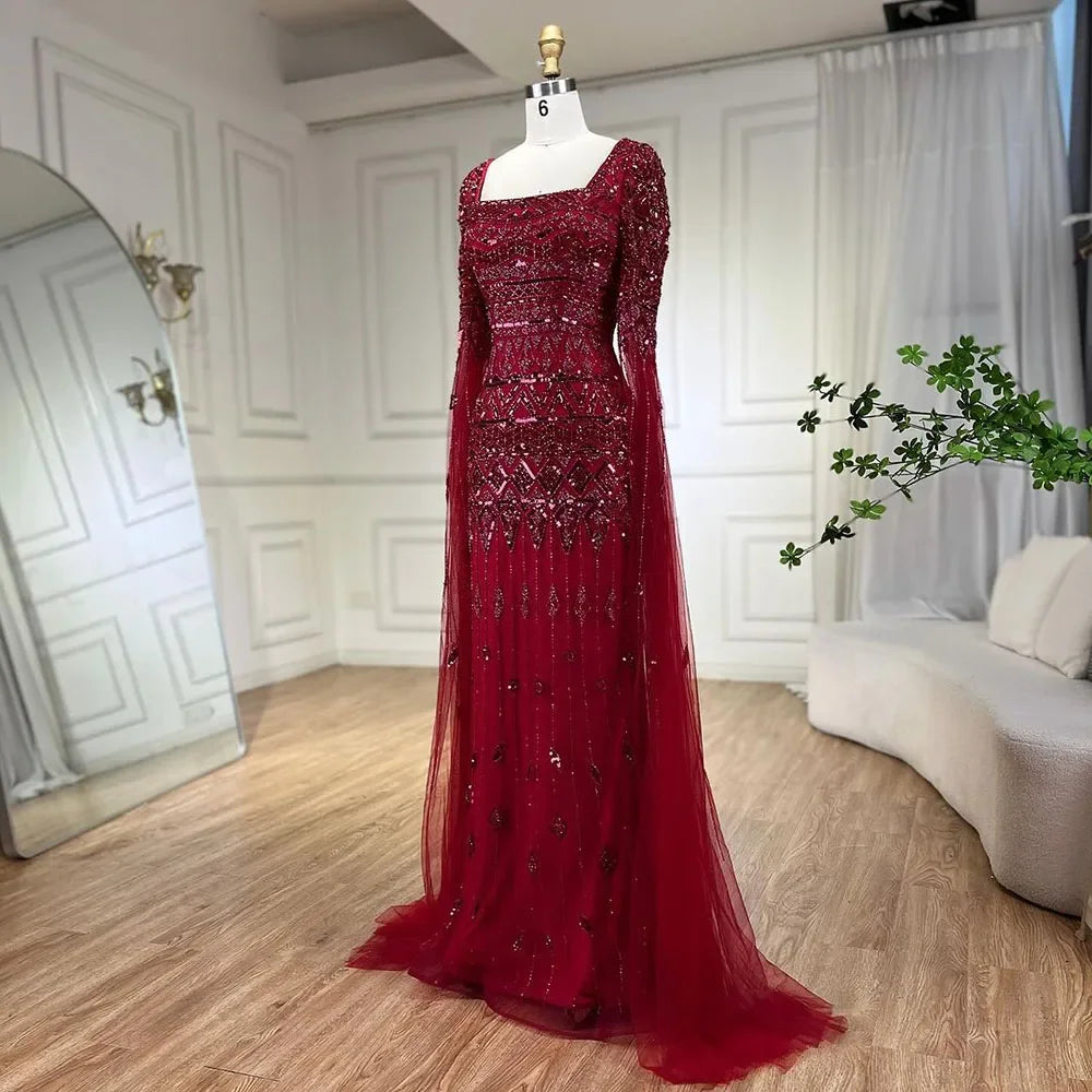 Luxury Wine Red Evening Dress with Cape Sleeves LA72355A