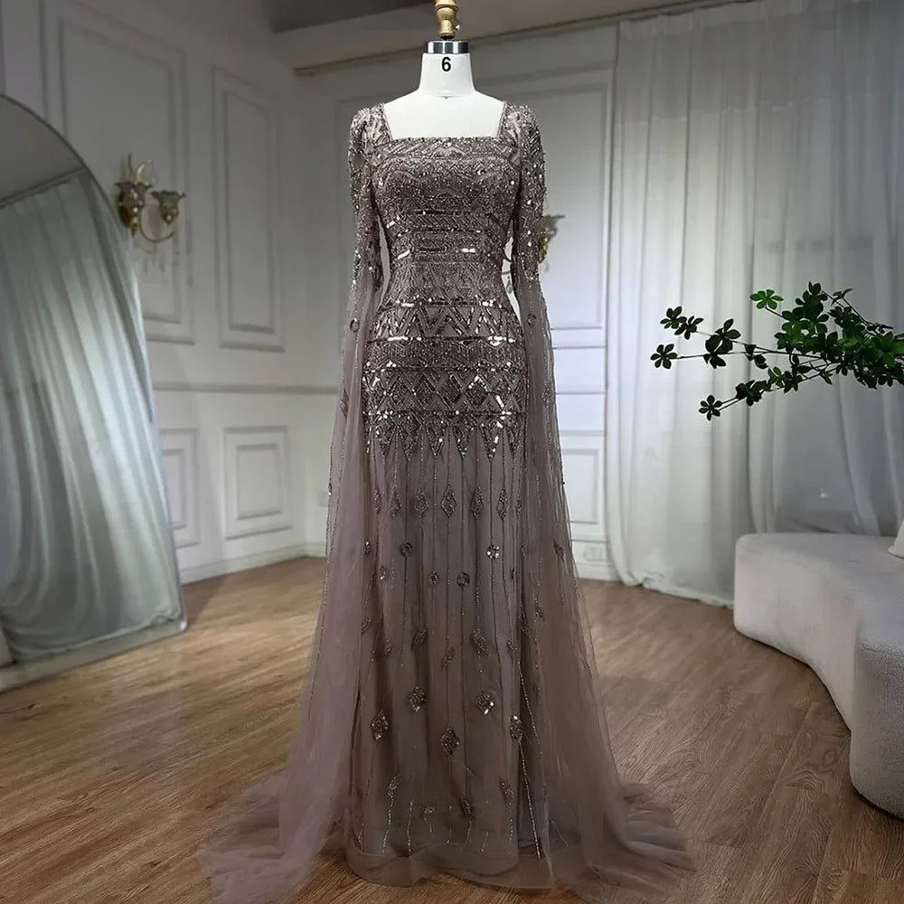 Luxury Wine Red Evening Dress with Cape Sleeves LA72355A