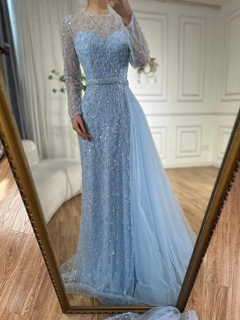 Luxury Dubai Elegant Blue Saudi Arabic Evening Gown with Beaded Side Overskirt Dress for Formal Occasion LA72734