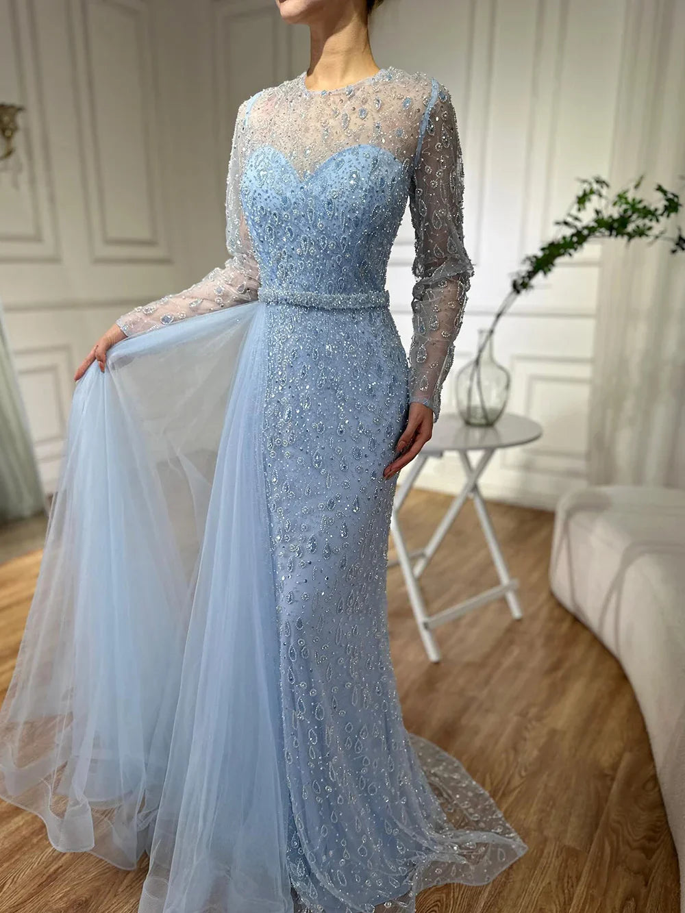 Luxury Dubai Elegant Blue Saudi Arabic Evening Gown with Beaded Side Overskirt Dress for Formal Occasion LA72734
