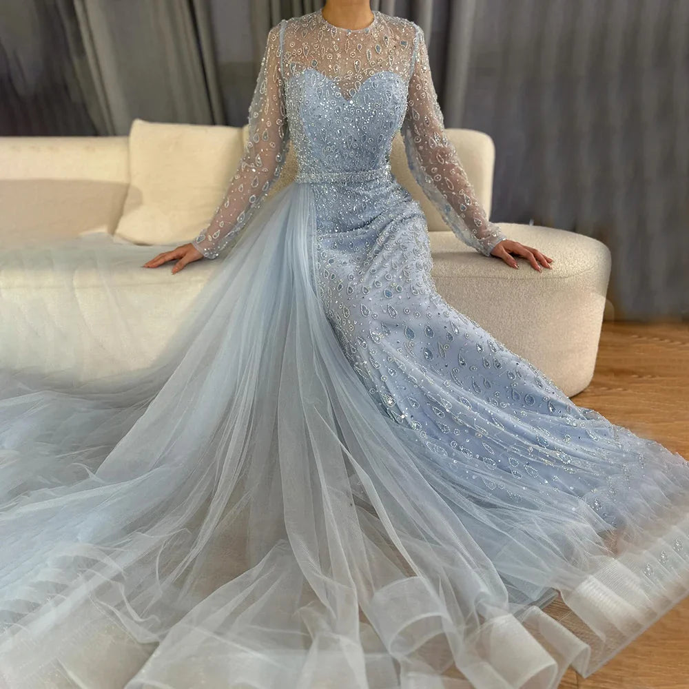 Luxury Dubai Elegant Blue Saudi Arabic Evening Gown with Beaded Side Overskirt Dress for Formal Occasion LA72734