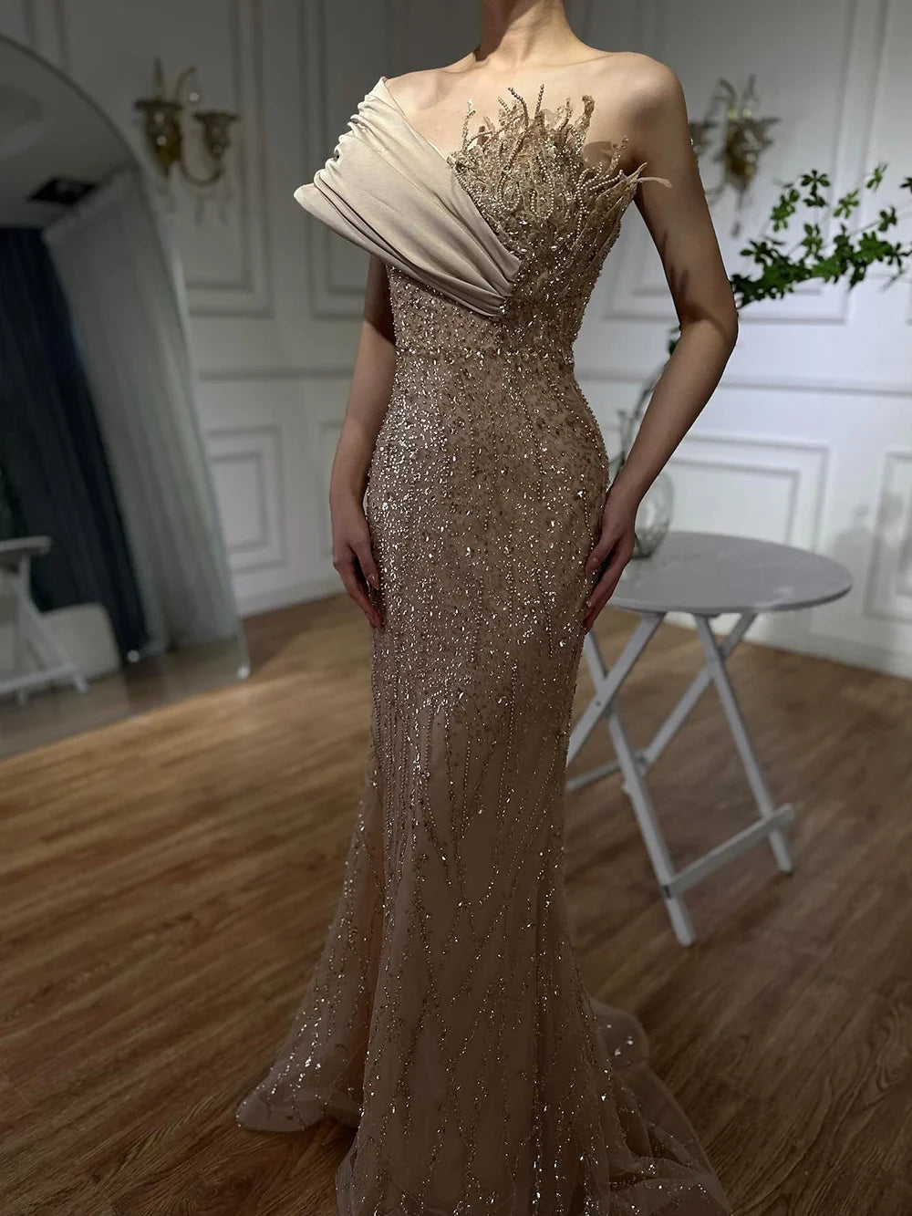 Luxury Dubai Elegant Caramel One Shoulder Saudi Arabic Evening Gown with Beaded Dress for Formal Occasion LA72577