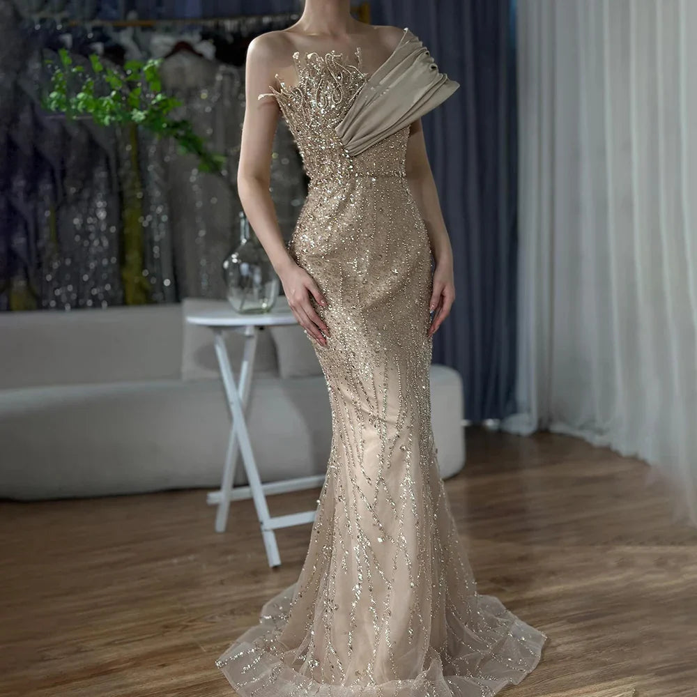 Luxury Dubai Elegant Caramel One Shoulder Saudi Arabic Evening Gown with Beaded Dress for Formal Occasion LA72577