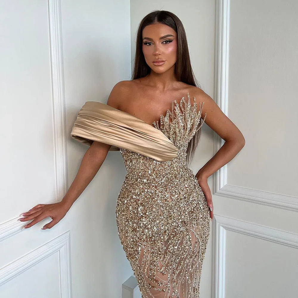 Luxury Dubai Elegant Caramel One Shoulder Saudi Arabic Evening Gown with Beaded Dress for Formal Occasion LA72577