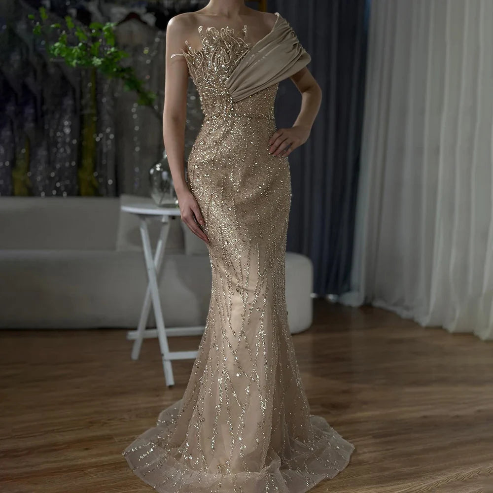 Luxury Dubai Elegant Caramel One Shoulder Saudi Arabic Evening Gown with Beaded Dress for Formal Occasion LA72577